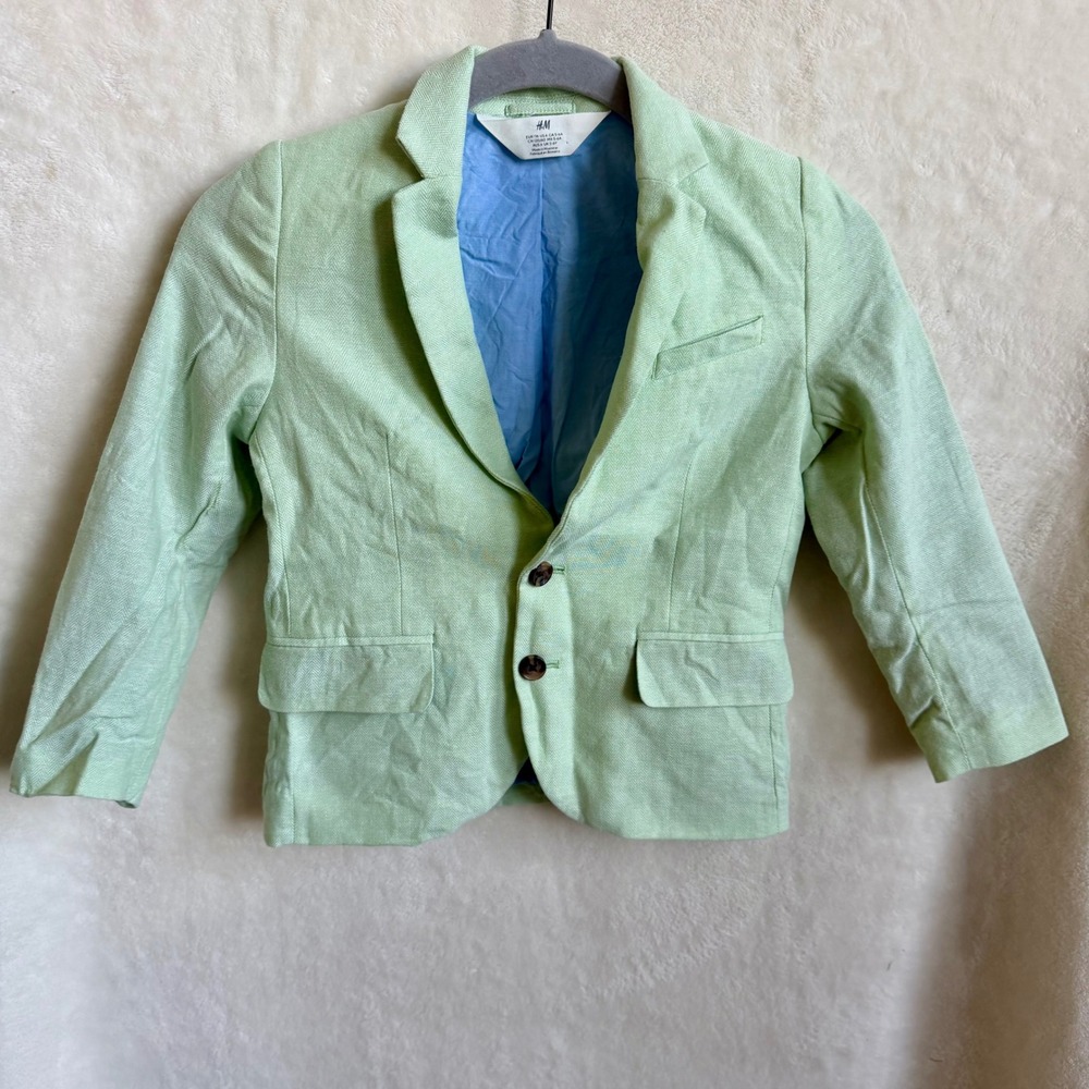 H&M Kids Sz 6 Mint Green Herringbone Cotton Blazer Blue Lined Jacket 5-6Y